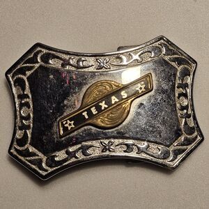Texas Loud & Proud Belt Buckle Silver & Gold Tone Western Floral Inlay Design